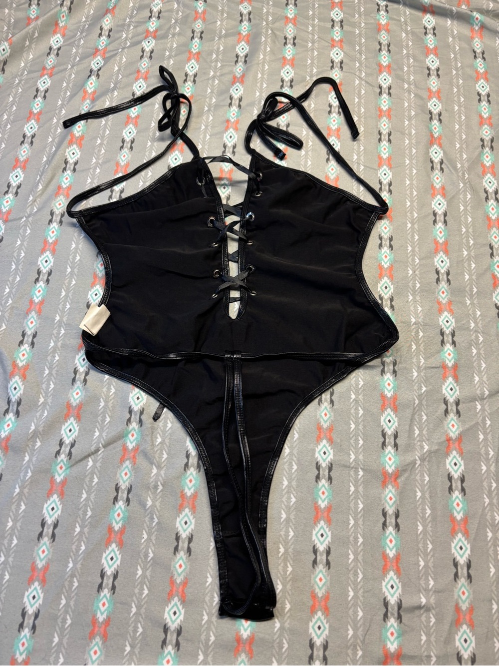 🍄Black Lace-Up Leather Like Bodysuit - Picture 2 of 2